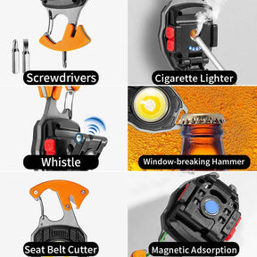 Powerfull LED Flashlight Key Chain Light, COB Multi-Function Mini Work Light, 500 Lumens Rechargeable, 6 Lighting Modes, with Cigarette Lighter, Seat Belt Cutter, Screwdriver, Whistle