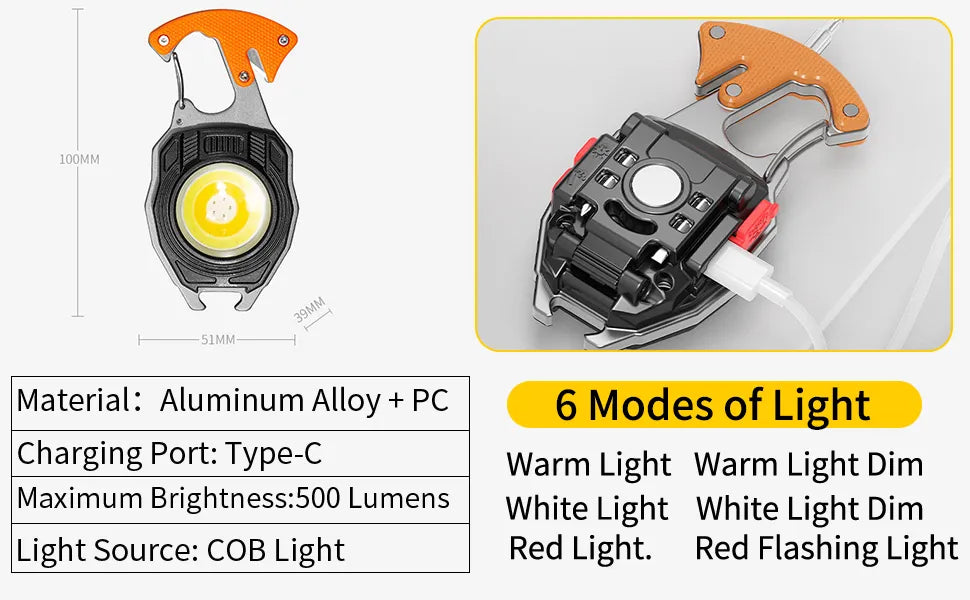 Powerfull LED Flashlight Key Chain Light, COB Multi-Function Mini Work Light, 500 Lumens Rechargeable, 6 Lighting Modes, with Cigarette Lighter, Seat Belt Cutter, Screwdriver, Whistle